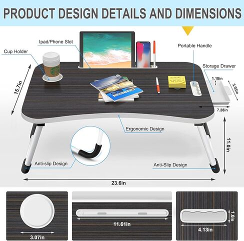 Foldable Lap Desk for Laptop, 23.62Inch Laptop Lap Desk with Computer & Phone Stands, Ergonomic Laptop Stand, Portable Laptop Tray for Working, Studying, Writing, Black Sponge Leg with Drawer in Saudi Arabia