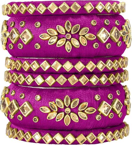 Aheli مطابقة الأزهار Kundan الحرير الخيط تشودا تشورا مجموعة مجوهرات الأزياء الهندية التقليدية الزفاف للنساء الفتيات (الحجم - 2.6) in Kuwait