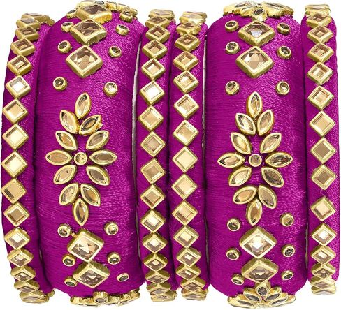 Aheli مطابقة الأزهار Kundan الحرير الخيط تشودا تشورا مجموعة مجوهرات الأزياء الهندية التقليدية الزفاف للنساء الفتيات (الحجم - 2.6) in Kuwait