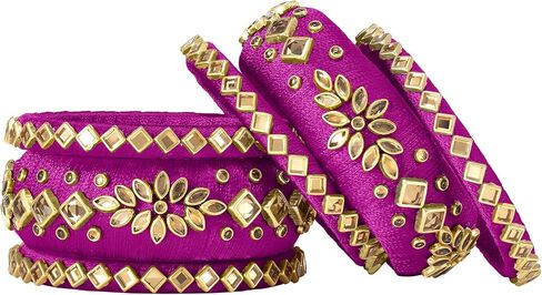 Aheli مطابقة الأزهار Kundan الحرير الخيط تشودا تشورا مجموعة مجوهرات الأزياء الهندية التقليدية الزفاف للنساء الفتيات (الحجم - 2.6) in Kuwait