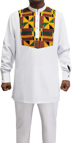 بدلة أفريقية للرجال Dashiki Kente قميص سروال 2 قطعة مجموعة ملابس ملابس ملابس الزفاف النيجيرية in Kuwait