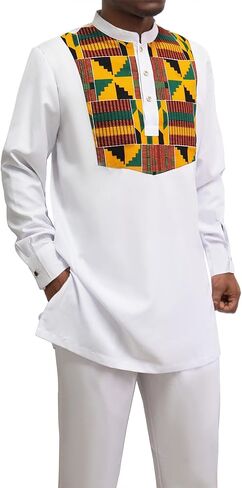 بدلة أفريقية للرجال Dashiki Kente قميص سروال 2 قطعة مجموعة ملابس ملابس ملابس الزفاف النيجيرية in Kuwait