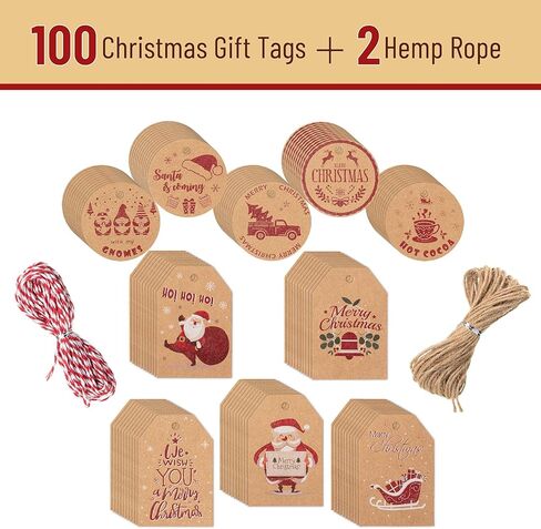 Mr. Pen- Christmas Gift Tags, 100 pcs, with Hemp Rope, 10 Designs, Kraft Paper Tags, Gift Tags with String, Brown Tags, Christmas Tags for Gifts, Blank Gift Tags, Gift Bag Tags for Gift Bags, Gift Tag in Kuwait