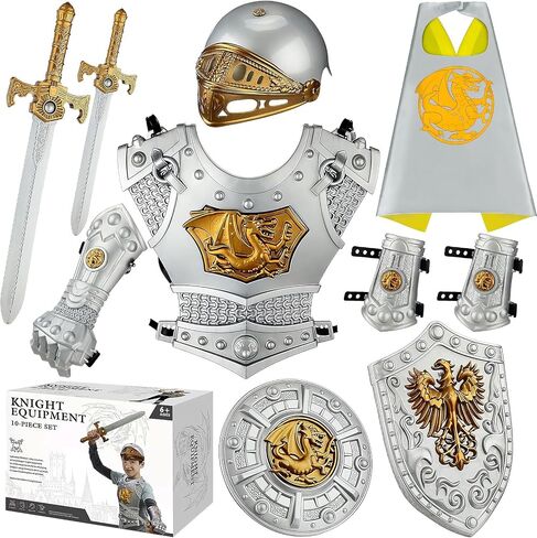 Kids Medieval Knight Armor for Boys, Royal Knight Costume Cosplay Suit of Armor with Helmet, Chest Piece, Cape, Sword and Shield, Pretend Role Play Plastic Boy Toys Halloween Costumes Dress Up Playset in Saudi Arabia