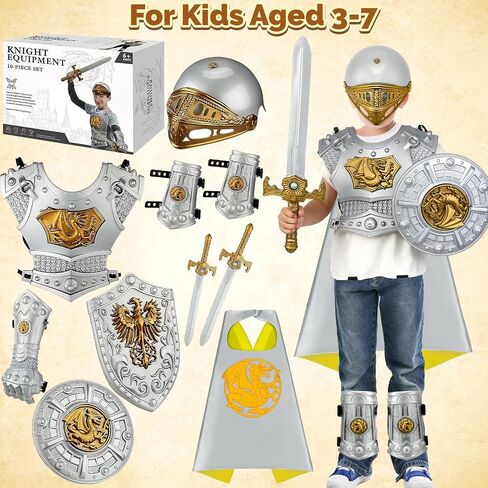 Kids Medieval Knight Armor for Boys, Royal Knight Costume Cosplay Suit of Armor with Helmet, Chest Piece, Cape, Sword and Shield, Pretend Role Play Plastic Boy Toys Halloween Costumes Dress Up Playset in Saudi Arabia