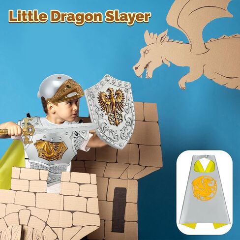 Kids Medieval Knight Armor for Boys, Royal Knight Costume Cosplay Suit of Armor with Helmet, Chest Piece, Cape, Sword and Shield, Pretend Role Play Plastic Boy Toys Halloween Costumes Dress Up Playset in Saudi Arabia