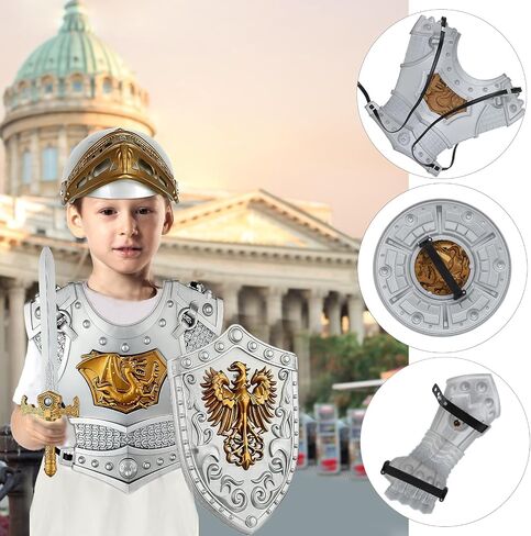 Kids Medieval Knight Armor for Boys, Royal Knight Costume Cosplay Suit of Armor with Helmet, Chest Piece, Cape, Sword and Shield, Pretend Role Play Plastic Boy Toys Halloween Costumes Dress Up Playset in Saudi Arabia