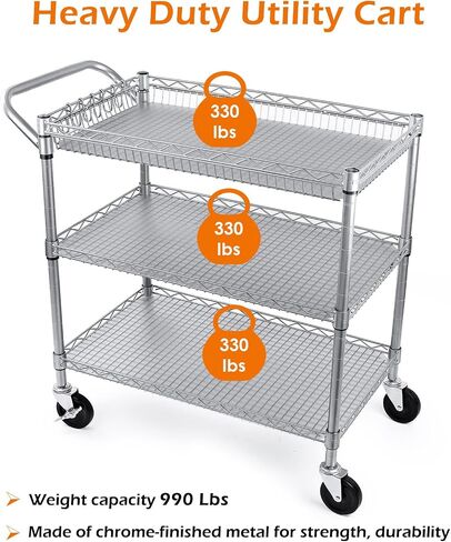 WDT 1350Lbs Capacity Heavy Duty Rolling Utility Cart, Large 3 Tier Rolling Carts with Wheels 24" Dx45 Wx39 H, NSF Commercial Grade Roll Metal Cart, Trolley Serving Cart for Garage, Kitchen, Warehouse in Saudi Arabia