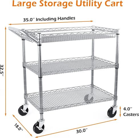 WDT 1350Lbs Capacity Heavy Duty Rolling Utility Cart, Large 3 Tier Rolling Carts with Wheels 24" Dx45 Wx39 H, NSF Commercial Grade Roll Metal Cart, Trolley Serving Cart for Garage, Kitchen, Warehouse in Saudi Arabia