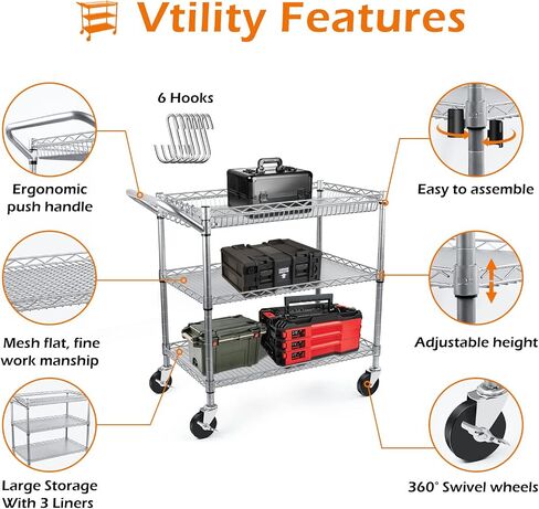 WDT 1350Lbs Capacity Heavy Duty Rolling Utility Cart, Large 3 Tier Rolling Carts with Wheels 24" Dx45 Wx39 H, NSF Commercial Grade Roll Metal Cart, Trolley Serving Cart for Garage, Kitchen, Warehouse in Saudi Arabia