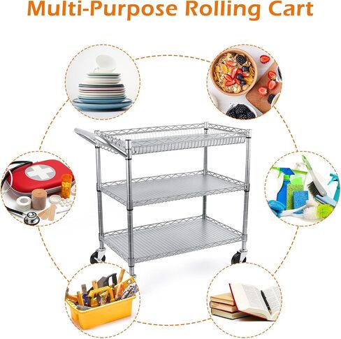 WDT 1350Lbs Capacity Heavy Duty Rolling Utility Cart, Large 3 Tier Rolling Carts with Wheels 24" Dx45 Wx39 H, NSF Commercial Grade Roll Metal Cart, Trolley Serving Cart for Garage, Kitchen, Warehouse in Saudi Arabia