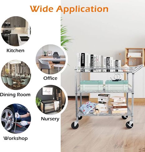 WDT 1350Lbs Capacity Heavy Duty Rolling Utility Cart, Large 3 Tier Rolling Carts with Wheels 24" Dx45 Wx39 H, NSF Commercial Grade Roll Metal Cart, Trolley Serving Cart for Garage, Kitchen, Warehouse in Saudi Arabia