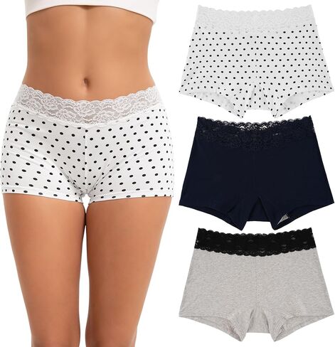 INNERSY Women's Lace Boyshorts Underwear Cotton Soft Panties Boxer Briefs 3 Pack in Kuwait