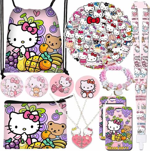 Kawaii Hello Pink Kitty Merchandise Stuff Gift Set for Girls, Cute Kitty Cat Accessories Drawstring Bag,Purse, Keychain Lanyard,Badge Card Holder,Button Pins, Friend Necklace,Bracelet,Stickers in Saudi Arabia