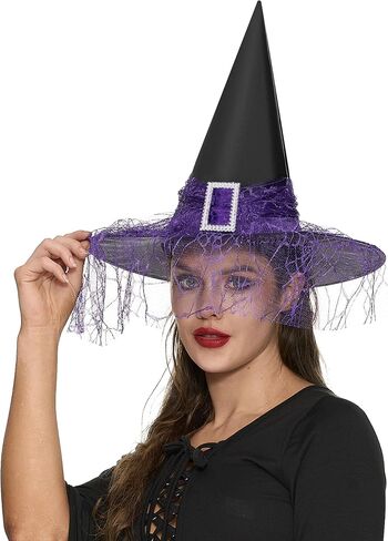 إبداعات Spooktacular الهالوين قبعة الساحرة للنساء، قبعات ساحرة من الدانتيل باللون الأحمر والأرجواني للبالغين، إكسسوارات الهالوين النسائية in Saudi Arabia