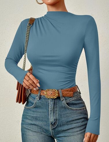 ZESICA Women's Long Sleeve Tops Mock Neck Ruched Tight Shirts 2024 Fall Trendy Outfits in Kuwait