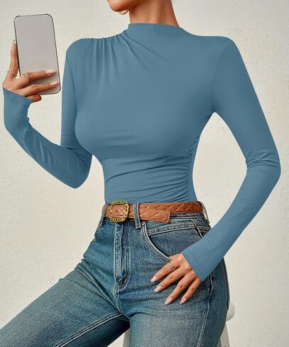 ZESICA Women's Long Sleeve Tops Mock Neck Ruched Tight Shirts 2024 Fall Trendy Outfits in Kuwait