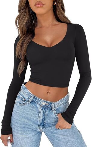 REORIA Women's V Neck Long Sleeve Slim Fitted Crop Tops Soft Layering Basic Shirt 2024 Fall Going Out Top in Saudi Arabia