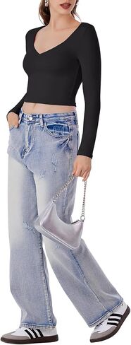 REORIA Women's V Neck Long Sleeve Slim Fitted Crop Tops Soft Layering Basic Shirt 2024 Fall Going Out Top in Saudi Arabia