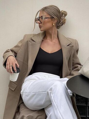 REORIA Women's V Neck Long Sleeve Slim Fitted Crop Tops Soft Layering Basic Shirt 2024 Fall Going Out Top in Saudi Arabia