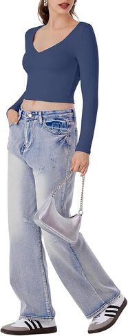 REORIA Women's V Neck Long Sleeve Slim Fitted Crop Tops Soft Layering Basic Shirt 2024 Fall Going Out Top in Saudi Arabia