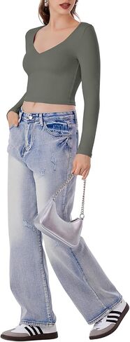 REORIA Women's V Neck Long Sleeve Slim Fitted Crop Tops Soft Layering Basic Shirt 2024 Fall Going Out Top in Saudi Arabia