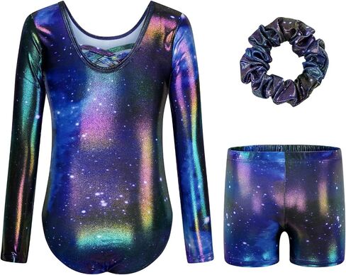JiAmy Gymnastics Leotards for Girls Cross Back, Long Sleeve Sparkly Dance Biketards with Shorts Ballet Outfit for 3-12 Years in Saudi Arabia
