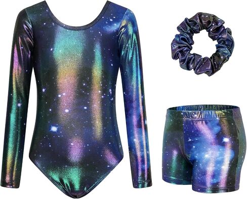 JiAmy Gymnastics Leotards for Girls Cross Back, Long Sleeve Sparkly Dance Biketards with Shorts Ballet Outfit for 3-12 Years in Saudi Arabia