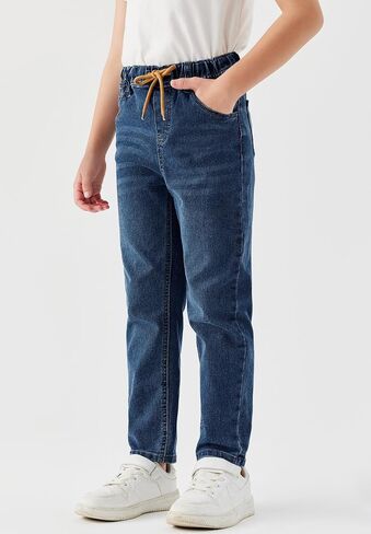 Haloumoning Boys Jeans Kids Elastic Waist Straight Leg Denim Pants with Drawstring 4-14 Years in Kuwait