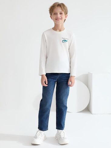 Haloumoning Boys Jeans Kids Elastic Waist Straight Leg Denim Pants with Drawstring 4-14 Years in Kuwait