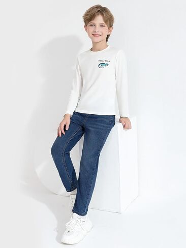 Haloumoning Boys Jeans Kids Elastic Waist Straight Leg Denim Pants with Drawstring 4-14 Years in Kuwait