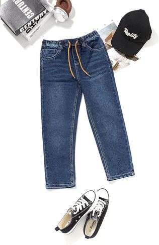 Haloumoning Boys Jeans Kids Elastic Waist Straight Leg Denim Pants with Drawstring 4-14 Years in Kuwait