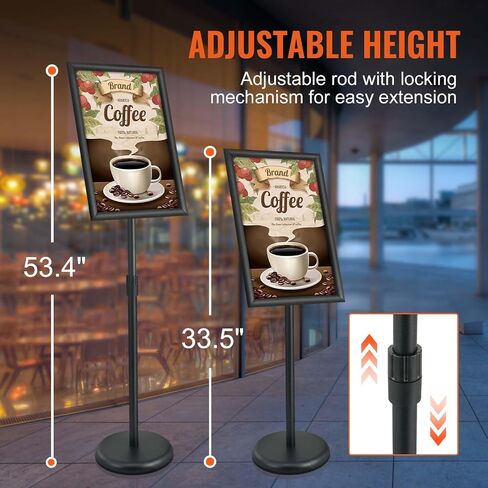 VEVOR Pedestal Sign Holder, 11 x 17 Inch Vertical and Horizontal Adjustable Poster Stand, Heavy-Duty Floor Standing Sign Holder with Round Base for Display, Advertisement, and Outdoor, Black in Saudi Arabia