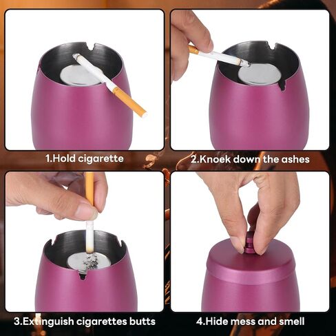 Ash Tray, Cigar Ashtrays for Outdoors, Cigar Ashtrays for Patio, Car Ashtray with Lid Smell Proof, Weed Tray, Stainless-steel Portable Ashtray(Rose Red-L) in Saudi Arabia