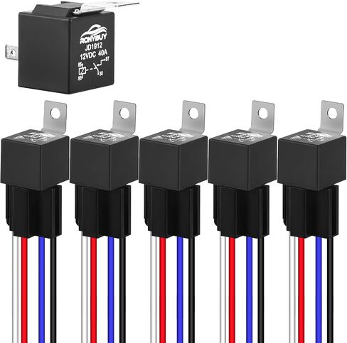 JD1912 Automotive Relay Harness Kit 4-Pin SPST 40A 12V Sockets Switch Relays with 12&16 AWG Tinned Heavy-Duty Wires, 40 AMP for Car Truck Van Motorcycle Boat, 5 Pack in Kuwait