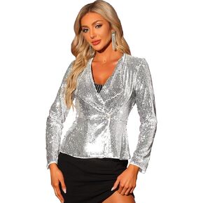 Allegra K Sequin Jacket for Women's Lapel Blazer 1 Button Long Sleeves Halloween Sparkle Party Jacket