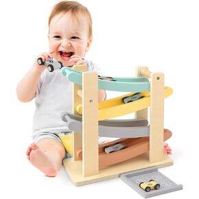 Car Ramp Toys for 1 Year Old Boys Gifts, Race Track Truck Toy with 4 Mini Cars/1 Parking Lots for Toddlers 1-2, Baby Toys 12-18 Months, Wooden Montessori Toys for One Year Old First Birthday Gifts