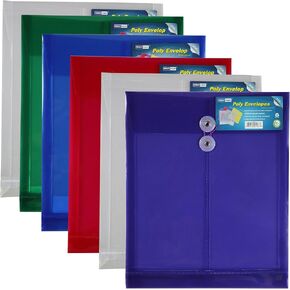 Letter Size Poly String Envelope with Expandable Gusset, 6pc Mix Colors Set(1green,1blue,2clear,1purple,1red), Water/Tear Resistant-Translucent