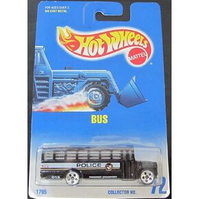 Police Bus, Hot Wheels #72-black,bars on Windows, 5 Dot Wheels on Blue-white Card