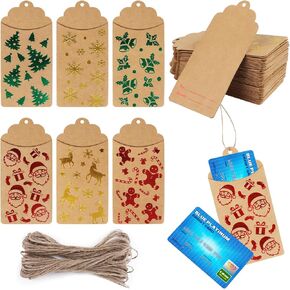 LOKIPA 54PCS Christmas Card Gift Holder Tags, Gold Foil Christmas Gift Tags with String Twine Holiday Gift Card Holders Hanging Christmas Tags for DIY Christmas Gift Wrapping Present Decoration