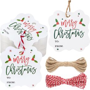 100pcs Christmas Gift Tags, 2"X2" Holly Gift Tags with Strings, 300g/m² Thick White Paper Gift Tags, Christmas Tags with Holly and Berries Design, Gift Tags Christmas for Presents, Jars