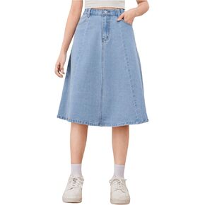 SweatyRocks Girl's High Elastic Waist A Line Denim Skirt Zipper Fly Jean Midi Skirt with Pockets