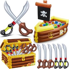 Cunhill 14 Pcs Halloween Inflatable Pirate Ship Cooler Party Supply 1 Pcs Inflatable Pirate Ship Drink Cooler 1 Pcs Blow up Treasure Chest Cooler 12 Pcs Kid Inflatable Pirate Sword for Pool Birthday