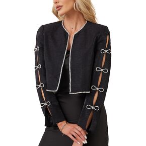 Ladies Beaded Evening Jackets Rhinestone Crystal Bow Open Front Crop Jacket Women Blazer Jackets