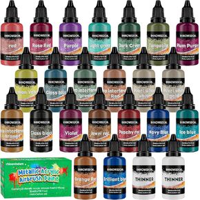 2024 New Metallic Acrylic Airbrush Paint - 22 Colors with 2 Thinner Airbrush Paint Set (0.67 oz), Water Based Acrylic Air Brush Paint for Metal, Plastic Models, Canvas, Wood (22 colors+2 thinner)