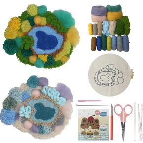 YFWLMNY Rug Hooking Green and Blue,Moss Punch Needle Kit,Moss Landscaping Series DIY Kit Including Embroidery Hoops, Punch Needles, Scissors, hot melt Glue and Wool
