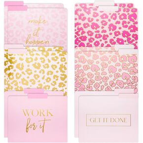 Paper Junkie 12 Pack Pink Leopard Decorative File Folders, Cute Gold Foil Print Office Supplies, Letter Size with 1/3 Cut Tab for Women, Girls (11.5 x 9.5) - Leopard File Folders for Office