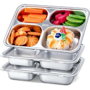 Stainless Steel Snack Containers with Lids - 3 Pack - 4 Compartments Bento Snack Boxes - Reusable Meal Prep Lunch Containers for Kids Adults - Divided Food Storage Containers for School Home Travel