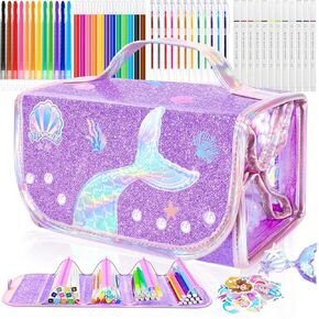 70PCS Mermaid Washable Markers Set with Glitter Pencil Case,Art Supplies for Kids Ages 4-6-8,Drawing Coloring Art Craft Kits for Girls with Marker,Glitter Pens,Crayon,Birthday Gifts Toys for Girls