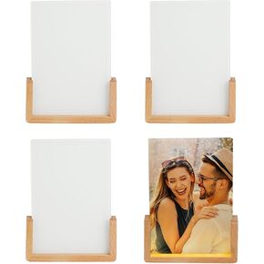 PYD Life 4 Pack Sublimation Night Lights Blanks LED Glass Photo Frames Panels White 6" x 8" with Warm Light,with Wood Stand for Heat Press Machine Printing